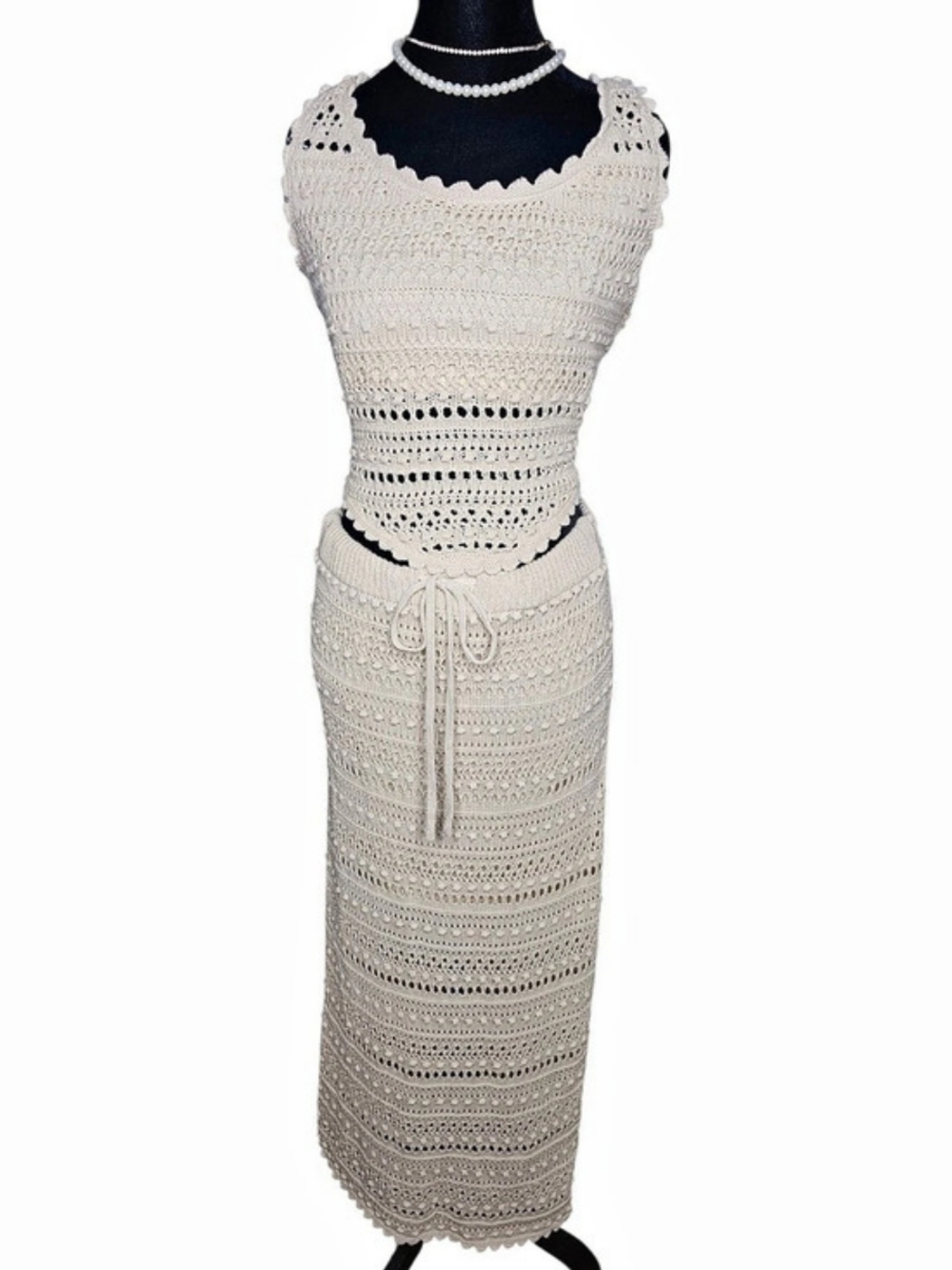 NWOT Happily Grey Boho Crochet Two Piece Maxi Skirt Set Cream XL